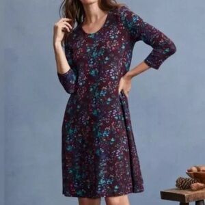 Garnet Hill Swing Floral Scoop Neck 3/4 Sleeves Stretch Midi Dress